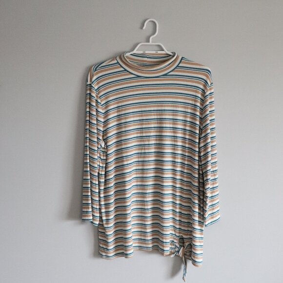 St. John's Bay Women's Sz XL Tan Striped Tie Front Mock Neck Ribbed Pullover Top - Picture 1 of 9